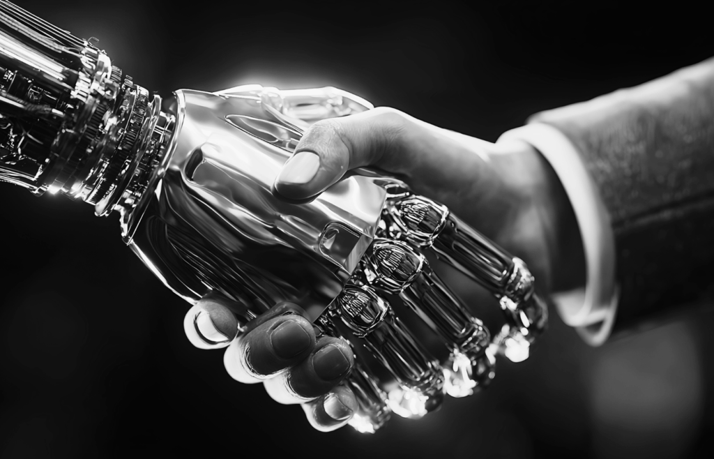 A robot and human handshake
